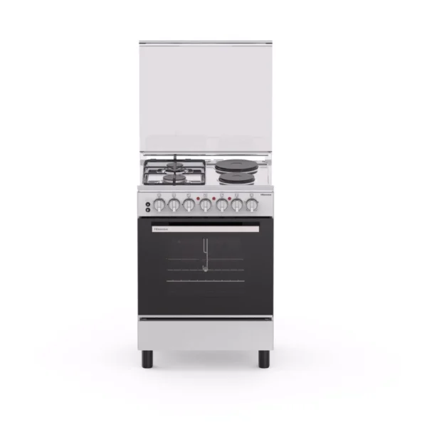 Hisense Free Standing Cooker 60 CM 2 Gas 2 Electric Burners 68L Electric Oven with Rotisserie – Ideal for grilling and baking Auto Ignition (Button + Knob) – Safe and convenient startup Double Glass Oven Door – Retains heat and enhances safety